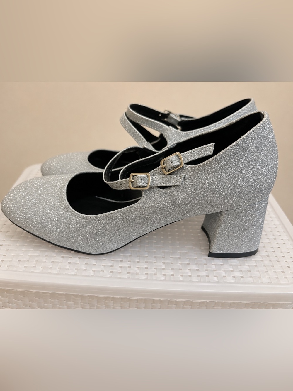 Silver Glitter Double Strap Mary Jane Block Heels Size 40